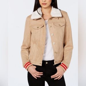 Tommy Hilfiger jacket in faux suede, varsity stripes & removable faux fur collar